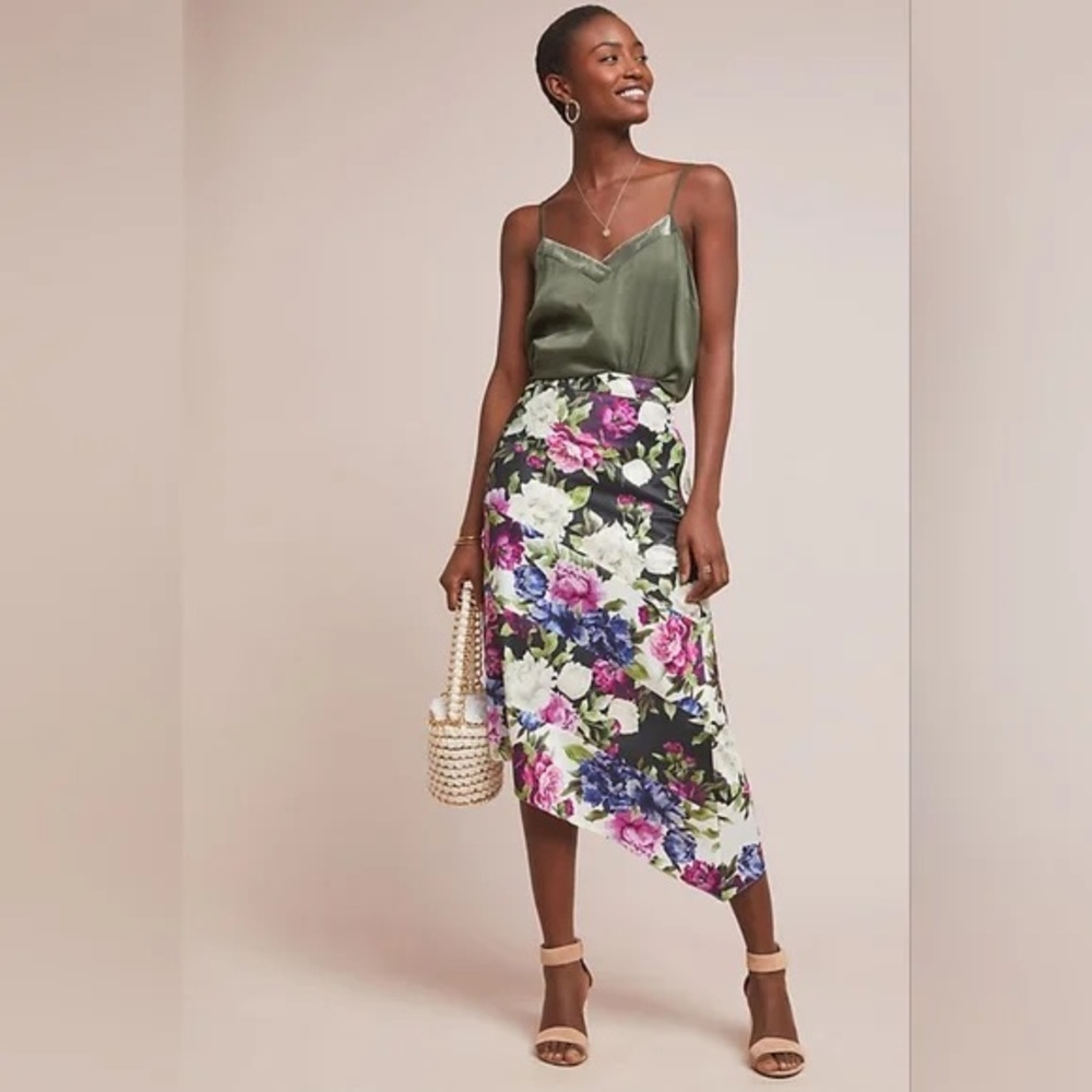 Anthropologie Hutch Meadow Midi Floral Asymmetrical Skirt Satin Size 4 790